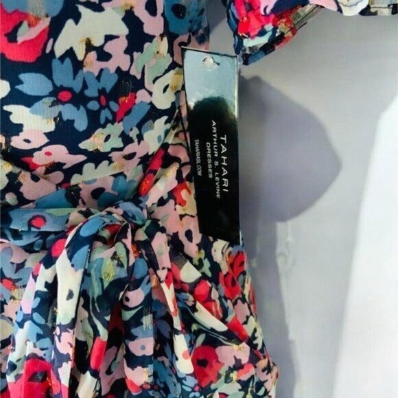 Tahari Womens Navy Vneck Short Sleeve Tiered Multicolor Surplice Dress NEW 2 - Picture 5 of 13